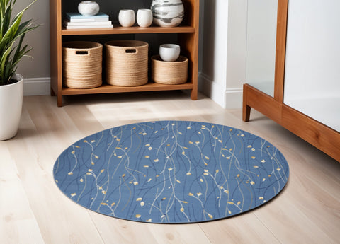 5' Blue and Beige Round Floral Vines Power Loom Area Rug