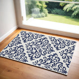 3' X 5' Blue and White Damask Power Loom Area Rug