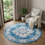 5' Blue And Ivory Medallion Distressed Round Rug