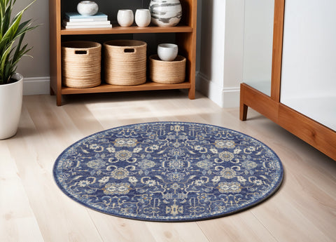 5' Blue and Gold Round Oriental Power Loom Area Rug