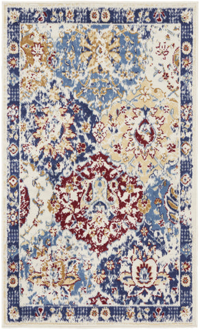 2' X 4' Ivory Red and Blue Ogee Distressed Non Skid Area Rug
