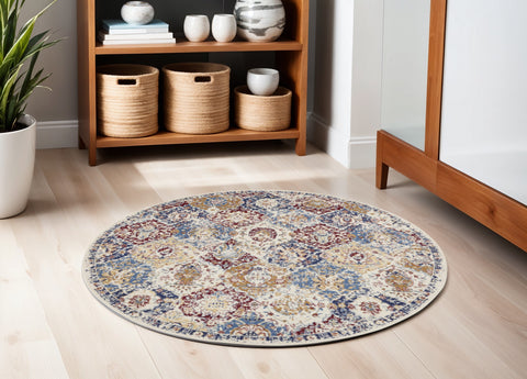 5' Ivory Red and Blue Ogee Distressed Non Skid Round Rug