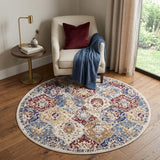 5' Ivory Red and Blue Ogee Distressed Non Skid Round Rug