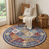 5' Red Blue and Light Brown Ogee Distressed Non Skid Round Rug