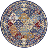 5' Red Blue and Light Brown Ogee Distressed Non Skid Round Rug