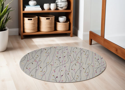 5' Gray and Pink Round Floral Vines Power Loom Area Rug