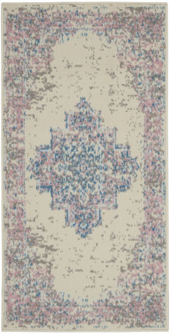 2' X 4' Ivory Pink And Blue Medallion Distressed Area Rug