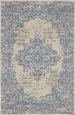 3' X 5' Ivory Pink and Blue Medallion Distressed Non Skid Area Rug