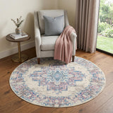 4' Ivory Pink And Blue Medallion Distressed Round Rug