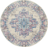 4' Ivory Pink And Blue Medallion Distressed Round Rug