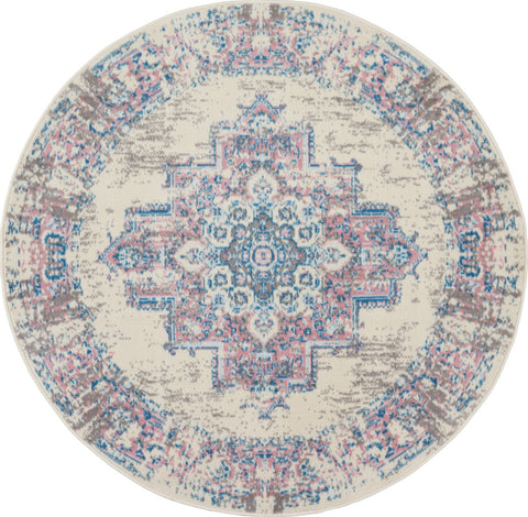 4' Ivory Pink And Blue Medallion Distressed Round Rug