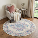 5' Ivory Pink and Blue Medallion Distressed Non Skid Round Rug
