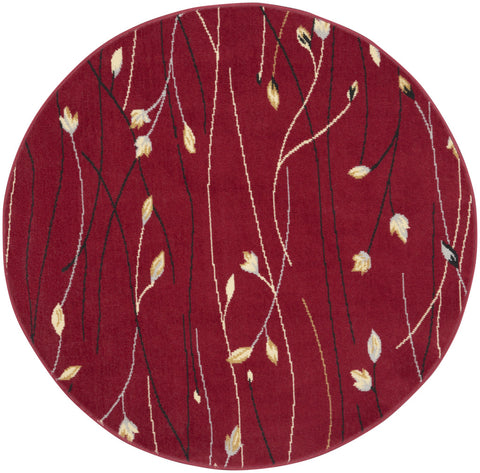 4' Red Black And Ivory Floral Vines Round Rug
