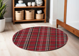 5' Red and Black Round Plaid Power Loom Area Rug