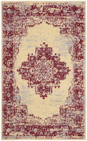 3' X 5' Cream Gray and Red Medallion Distressed Non Skid Area Rug