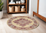 5' Cream Gray and Red Medallion Distressed Non Skid Round Rug