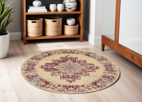 5' Cream Gray and Red Medallion Distressed Non Skid Round Rug