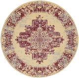 5' Cream Gray and Red Medallion Distressed Non Skid Round Rug