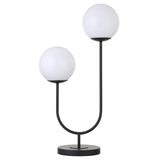 28" Black Metal Two Light Novelty Globe Table Lamp With White Globe Shade