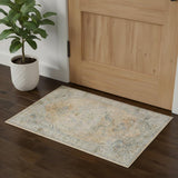 3' X 5' Beige And Blue Floral Medallion Washable Area Rug