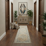 10' Beige Blue And Brown Floral Medallion Washable Runner Rug