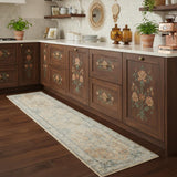 8' Beige Blue And Brown Floral Medallion Washable Runner Rug