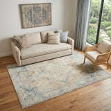 5' X 7' Beige and Blue Floral Medallion Power Loom Distressed Washable Area Rug