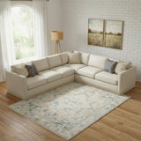 7' X 9' Beige And Blue Floral Medallion Washable Area Rug