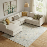 9' X 12' Beige And Blue Floral Medallion Washable Area Rug