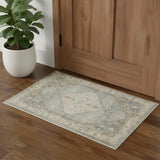 2' X 4' Blue Yellow And Cream Floral Medallion Distressed Washable Area Rug