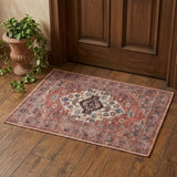 2' X 4' Beige and Red Medallion Power Loom Distressed Washable Non Skid Area Rug