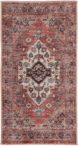2' X 4' Beige and Red Medallion Power Loom Distressed Washable Non Skid Area Rug
