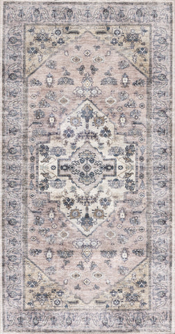 2' X 4' Pink and Ivory Medallion Power Loom Distressed Washable Non Skid Area Rug