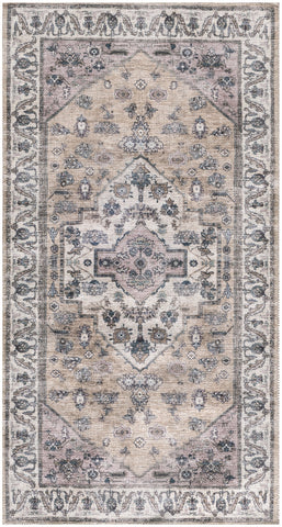 2' X 4' Beige and Ivory Medallion Power Loom Distressed Washable Non Skid Area Rug