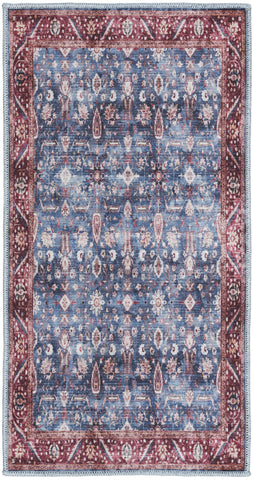 2' X 4' Blue and Red Floral Power Loom Distressed Washable Non Skid Area Rug