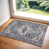 2' X 4' Blue and Ivory Medallion Power Loom Distressed Washable Non Skid Area Rug