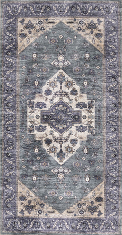 2' X 4' Blue and Ivory Medallion Power Loom Distressed Washable Non Skid Area Rug