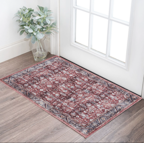 2' X 4' Red and Ivory Floral Power Loom Distressed Washable Non Skid Area Rug