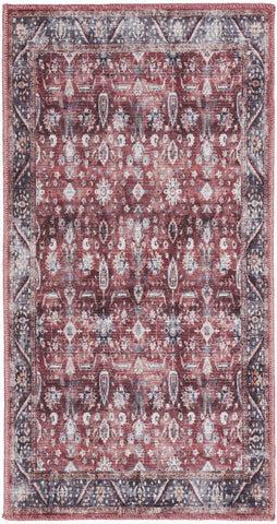 2' X 4' Red and Ivory Floral Power Loom Distressed Washable Non Skid Area Rug