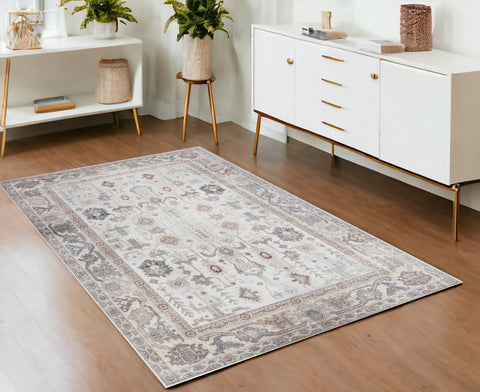 4' X 6' Ivory and Gray Floral Distressed Non Skid Area Rug