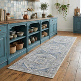 8' Blue and Beige Floral Distressed Non Skid Runner Rug