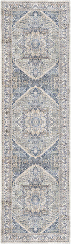 8' Blue and Beige Floral Distressed Non Skid Runner Rug