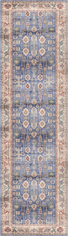 8' Beige Blue and Red Oriental Distressed Non Skid Runner Rug
