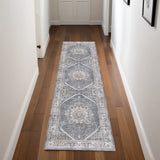 8' Blue and Ivory Floral Medallion Distressed Non Skid Runner Rug