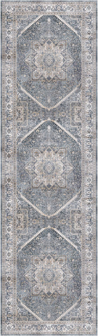 8' Blue and Ivory Floral Medallion Distressed Non Skid Runner Rug