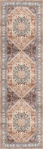 8' Beige Gold and Red Floral Medallion Distressed Non Skid Runner Rug