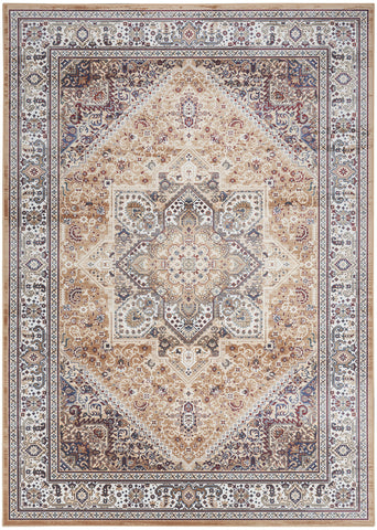 5' X 7' Beige Gold and Red Floral Medallion Distressed Non Skid Area Rug