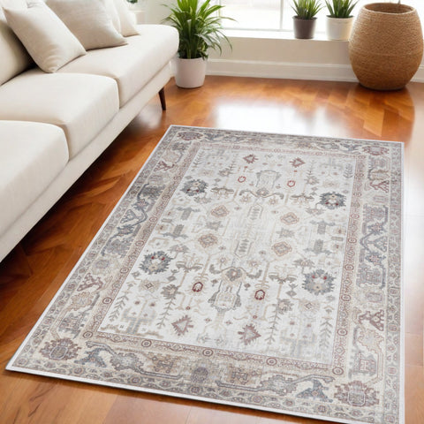 5' X 7' Ivory and Gray Oriental Distressed Non Skid Area Rug
