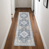 8' Blue and Ivory Floral Medallion Distressed Non Skid Runner Rug