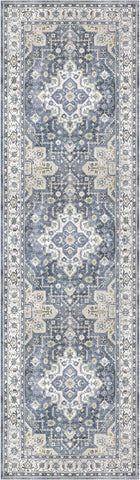 8' Blue and Ivory Floral Medallion Distressed Non Skid Runner Rug